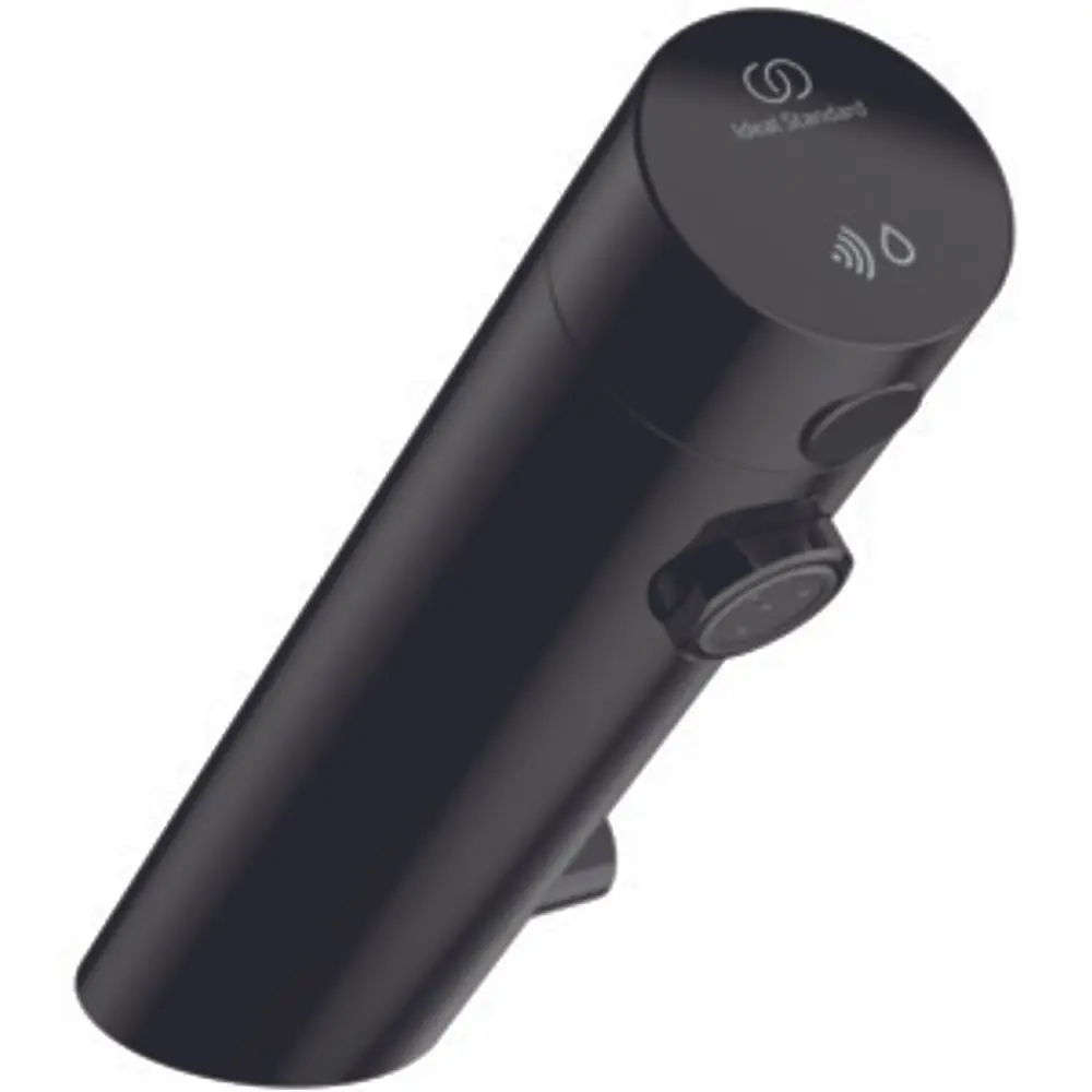 Sensorarmatur in Schwarz von Ideal Standard, mit integriertem Sensor und Bedienknopf für die Wassersteuerung. Modernes Design, geeignet für Waschtische.